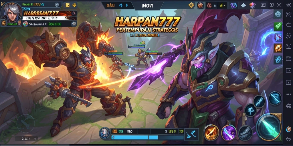 Screenshoot di HARAPAN777 menampilkan aksi pertempuran gameplay MOBA yang seru dan dinamis.