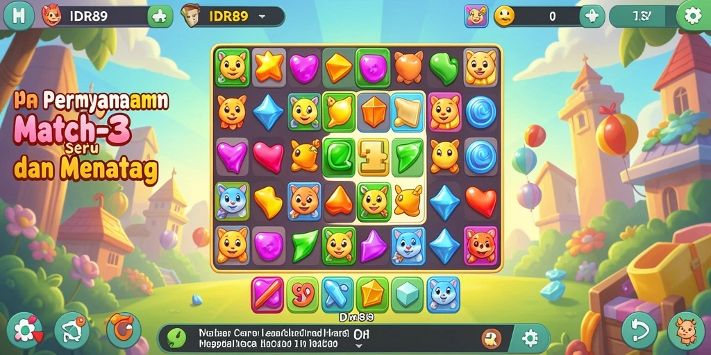 Screenshot gameplay IDR89 menunjukkan aksi Match-3 yang menyenangkan.
