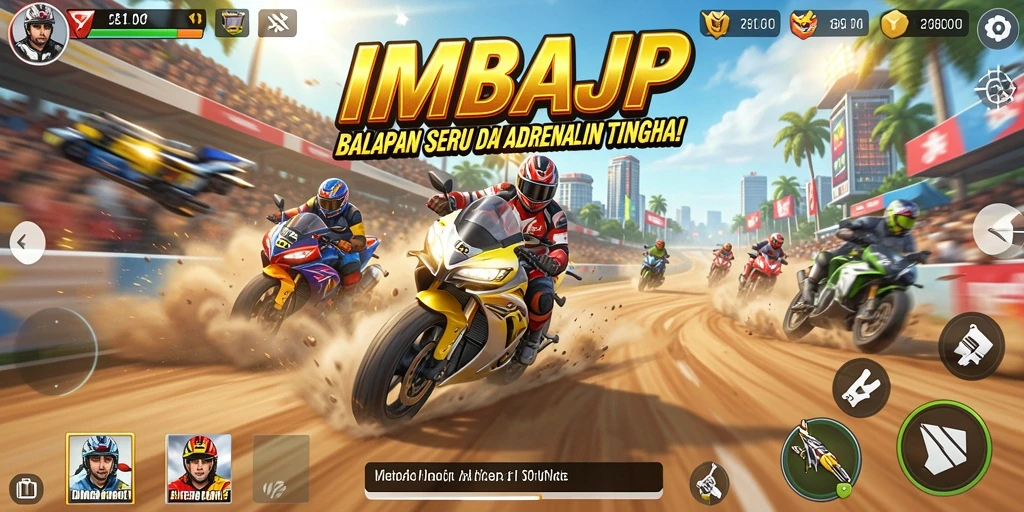 Screenshot utama IMBAJP menampilkan aksi balapan yang mendebarkan.
