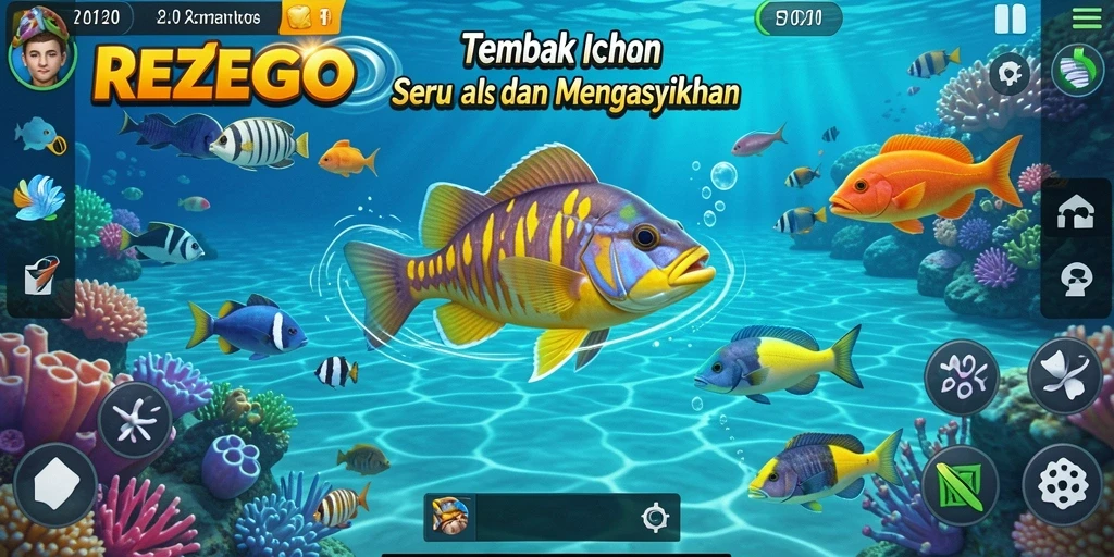 Tampilan gameplay seru di REZEGO dengan berbagai jenis ikan.