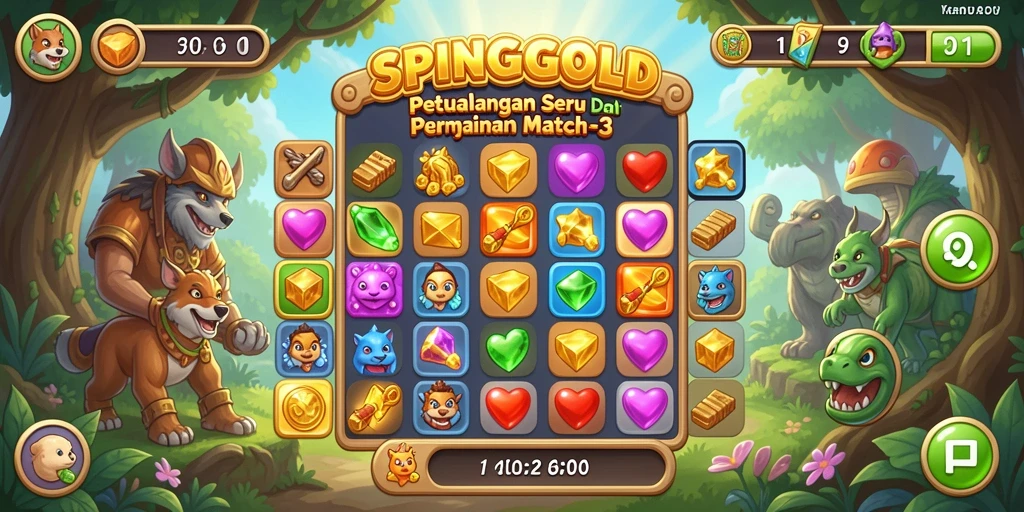 Screenshot SPINGOLD menampilkan gameplay Match-3 yang menarik dan penuh warna.