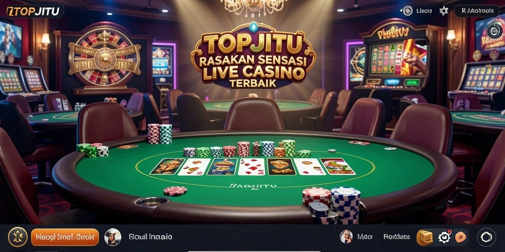 Screenshot menunjukkan dealer langsung dan suasana permainan kasino.
